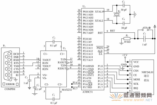 圖5 SPI 接口與MAX232 通信硬件電路圖。
